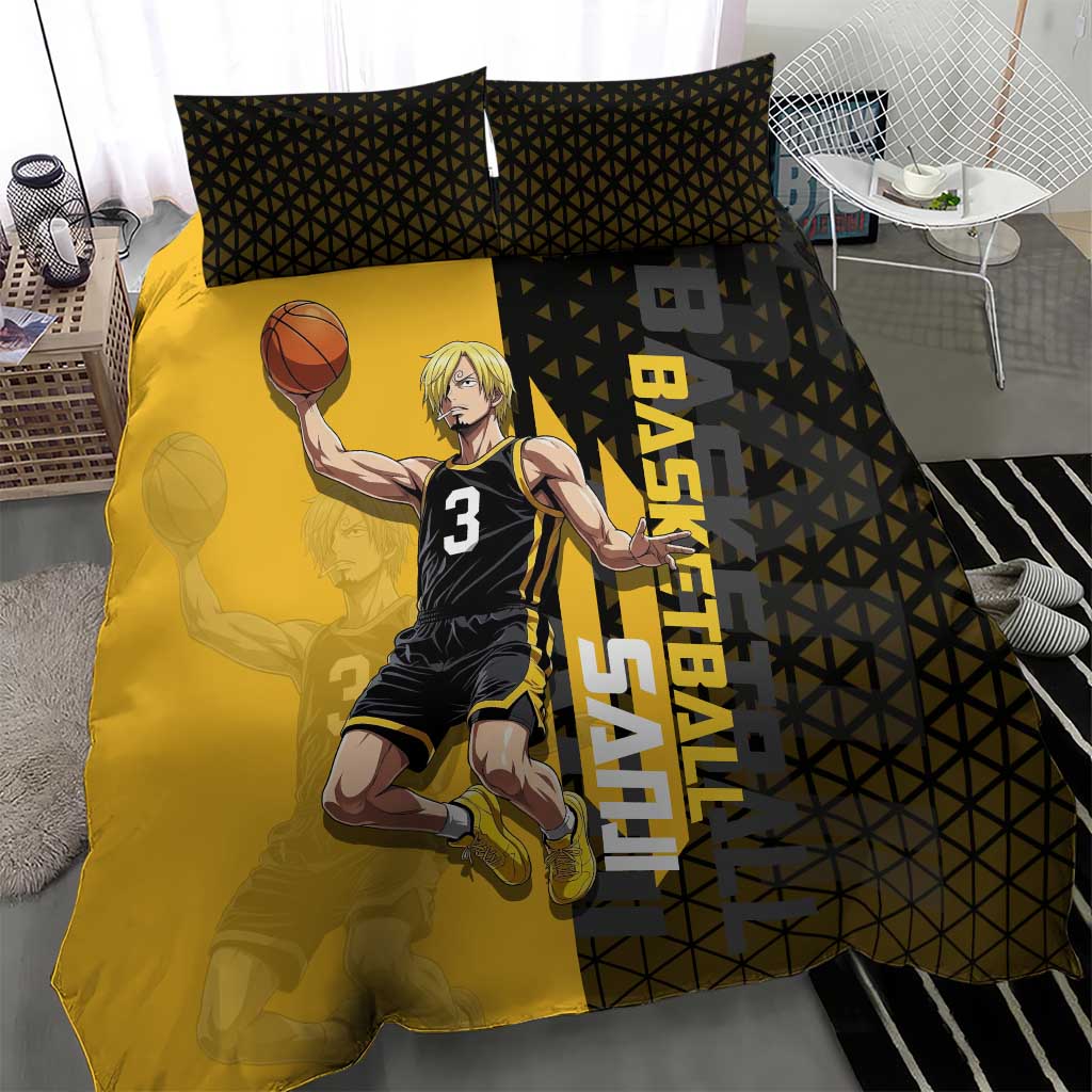 Sanji One Piece Basketball Theme Yellow and Black Design Bedding Set with Pirate Chef Logo and Jump Shot Pose - The Mazicc