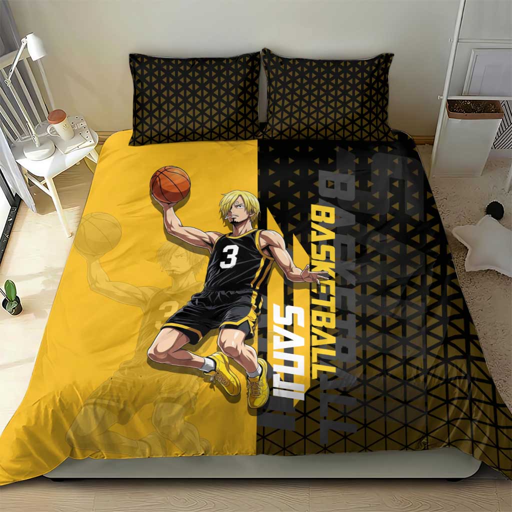 Sanji One Piece Basketball Theme Yellow and Black Design Bedding Set with Pirate Chef Logo and Jump Shot Pose - The Mazicc