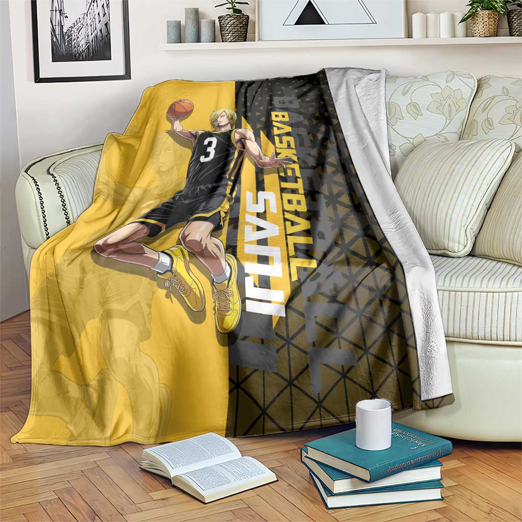 Sanji One Piece Basketball Theme Yellow and Black Design Blanket with Pirate Chef Logo and Jump Shot Pose - The Mazicc