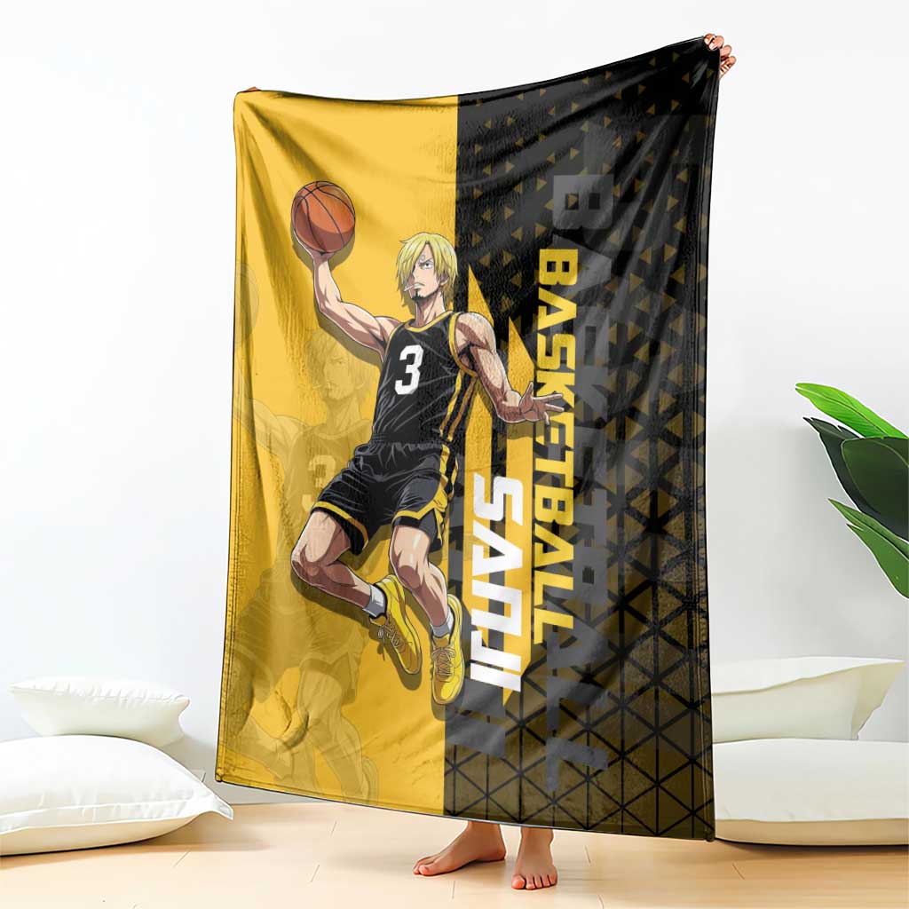 Sanji One Piece Basketball Theme Yellow and Black Design Blanket with Pirate Chef Logo and Jump Shot Pose - The Mazicc
