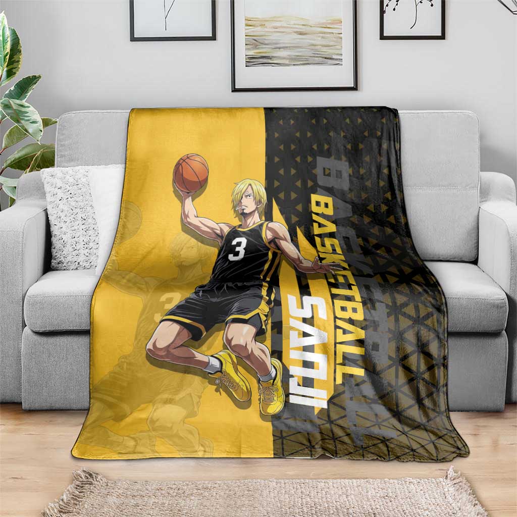 Sanji One Piece Basketball Theme Yellow and Black Design Blanket with Pirate Chef Logo and Jump Shot Pose - The Mazicc