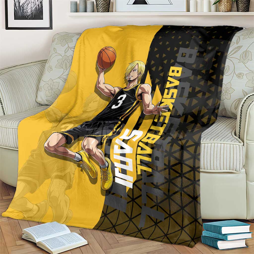 Sanji One Piece Basketball Theme Yellow and Black Design Blanket with Pirate Chef Logo and Jump Shot Pose - The Mazicc