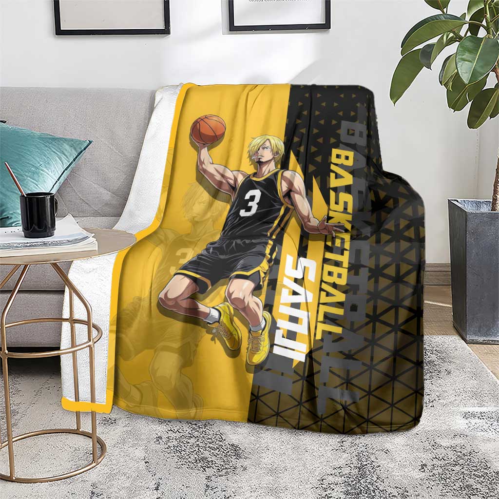 Sanji One Piece Basketball Theme Yellow and Black Design Blanket with Pirate Chef Logo and Jump Shot Pose - The Mazicc