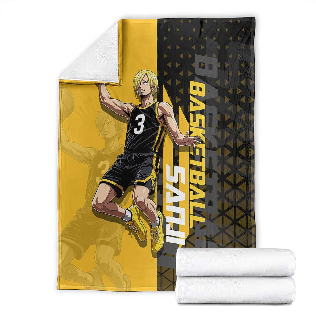 Sanji One Piece Basketball Theme Yellow and Black Design Blanket with Pirate Chef Logo and Jump Shot Pose - The Mazicc