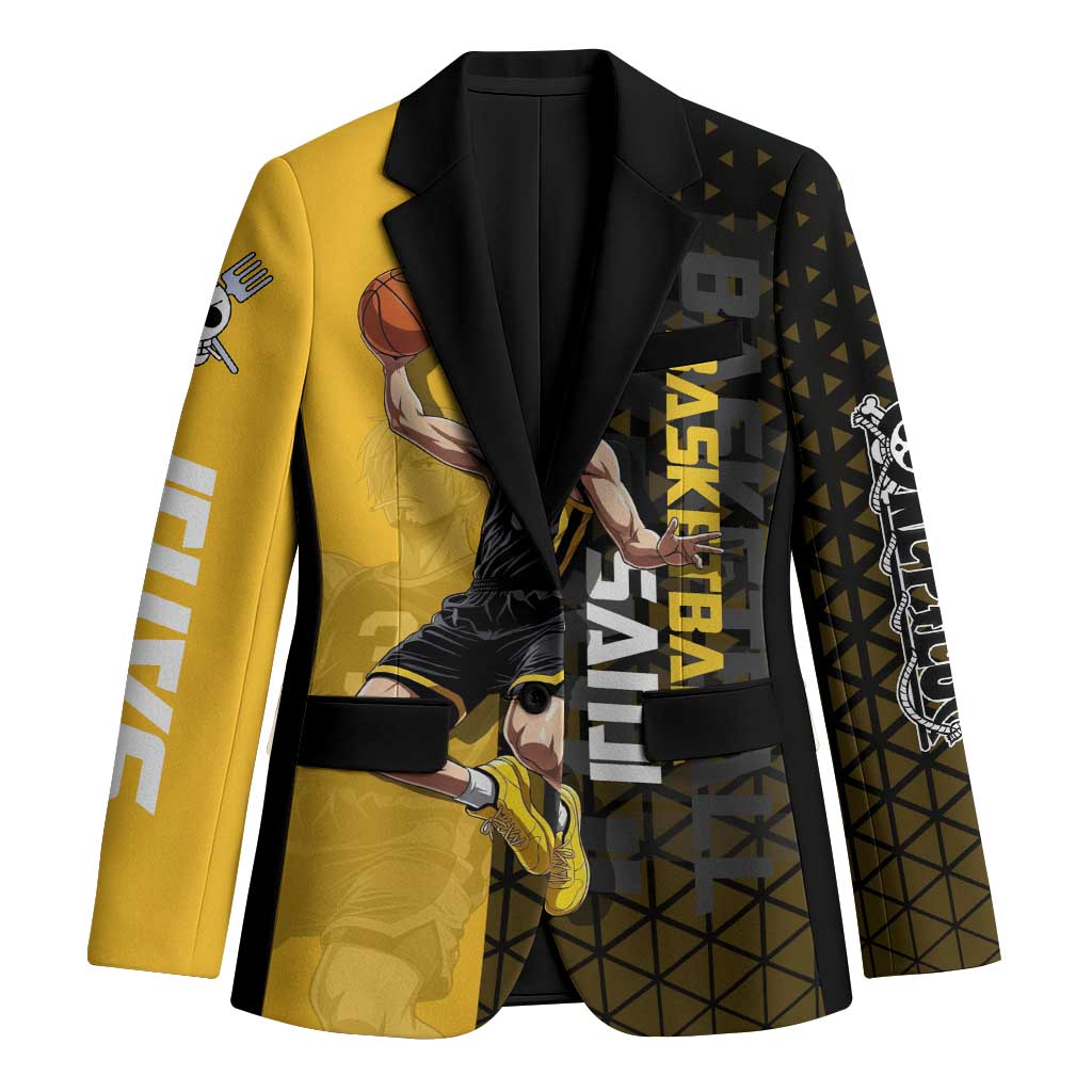 Sanji One Piece Basketball Theme Yellow and Black Design Blazer with Pirate Chef Logo and Jump Shot Pose - The Mazicc