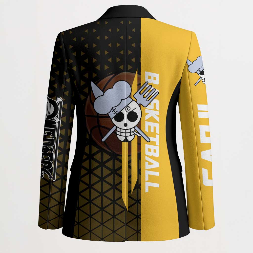 Sanji One Piece Basketball Theme Yellow and Black Design Blazer with Pirate Chef Logo and Jump Shot Pose - The Mazicc