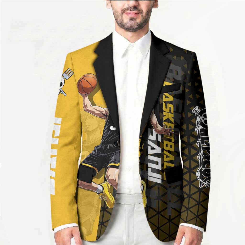 Sanji One Piece Basketball Theme Yellow and Black Design Blazer with Pirate Chef Logo and Jump Shot Pose - The Mazicc