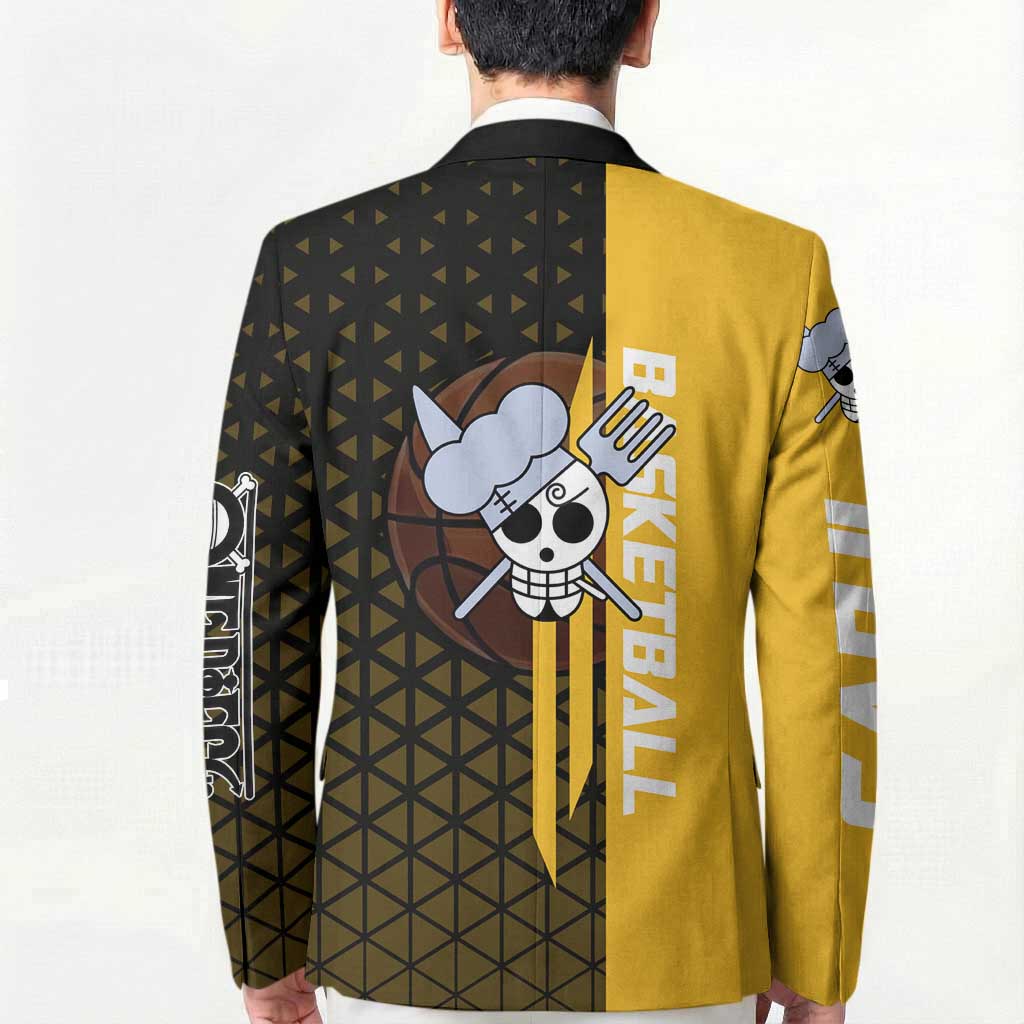 Sanji One Piece Basketball Theme Yellow and Black Design Blazer with Pirate Chef Logo and Jump Shot Pose - The Mazicc