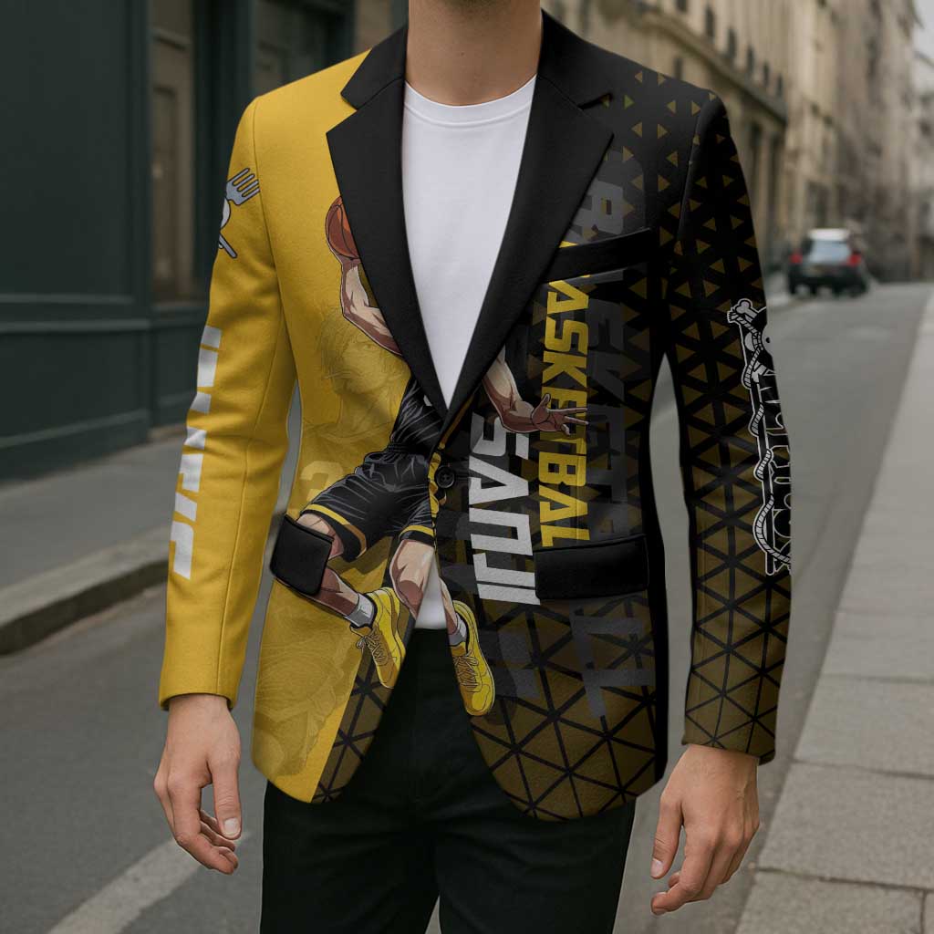 Sanji One Piece Basketball Theme Yellow and Black Design Blazer with Pirate Chef Logo and Jump Shot Pose - The Mazicc