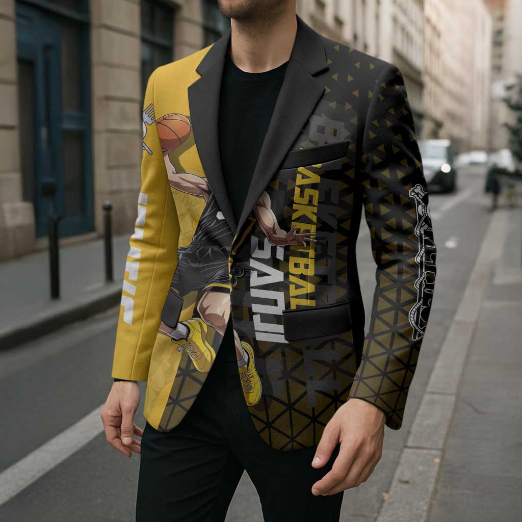 Sanji One Piece Basketball Theme Yellow and Black Design Blazer with Pirate Chef Logo and Jump Shot Pose - The Mazicc