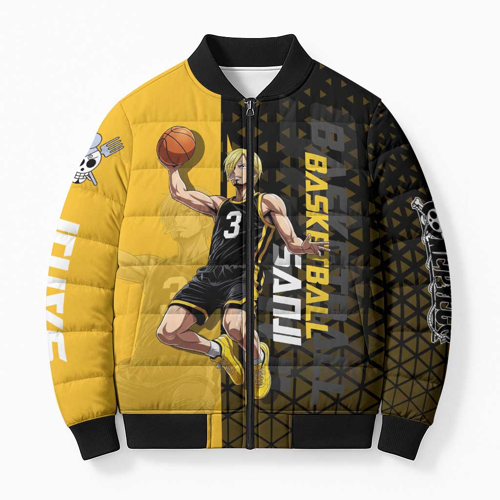 Sanji One Piece Basketball Theme Yellow and Black Design Bomber Puffer Jacket with Pirate Chef Logo and Jump Shot Pose - The Mazicc