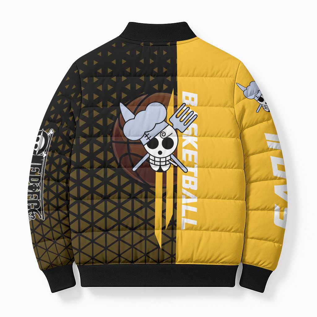 Sanji One Piece Basketball Theme Yellow and Black Design Bomber Puffer Jacket with Pirate Chef Logo and Jump Shot Pose - The Mazicc