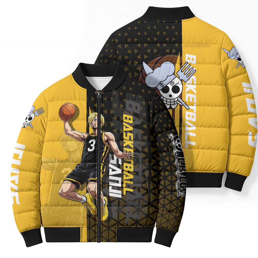 Sanji One Piece Basketball Theme Yellow and Black Design Bomber Puffer Jacket with Pirate Chef Logo and Jump Shot Pose - The Mazicc