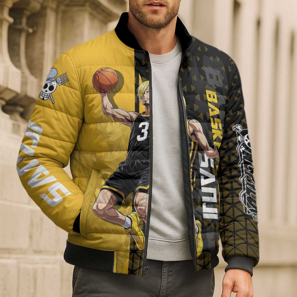 Sanji One Piece Basketball Theme Yellow and Black Design Bomber Puffer Jacket with Pirate Chef Logo and Jump Shot Pose - The Mazicc