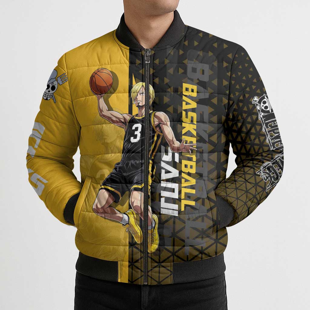 Sanji One Piece Basketball Theme Yellow and Black Design Bomber Puffer Jacket with Pirate Chef Logo and Jump Shot Pose - The Mazicc