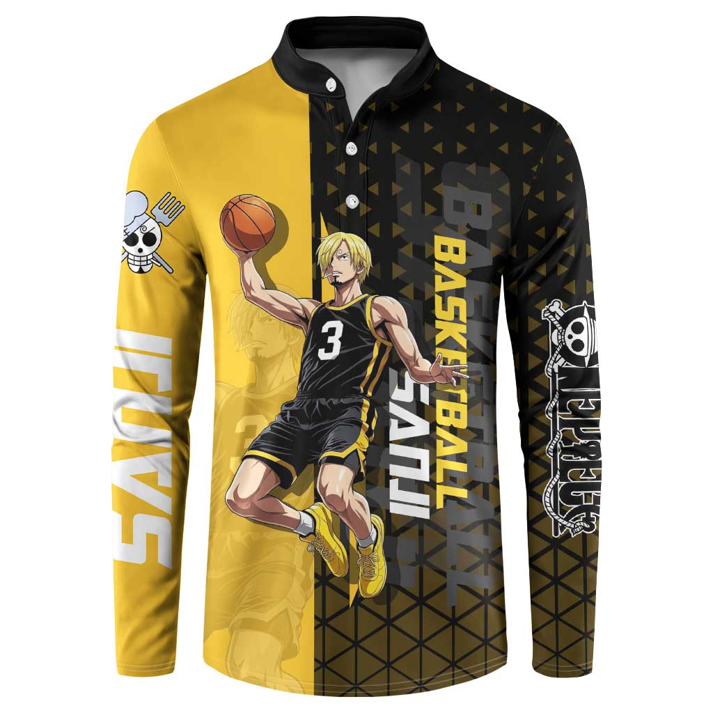 Sanji One Piece Basketball Theme Yellow and Black Design Button Sweatshirt with Pirate Chef Logo and Jump Shot Pose - The Mazicc