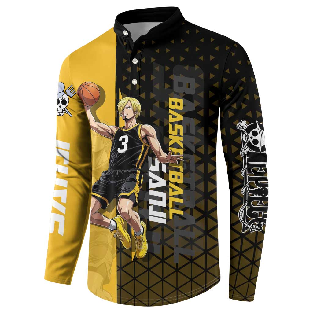 Sanji One Piece Basketball Theme Yellow and Black Design Button Sweatshirt with Pirate Chef Logo and Jump Shot Pose - The Mazicc