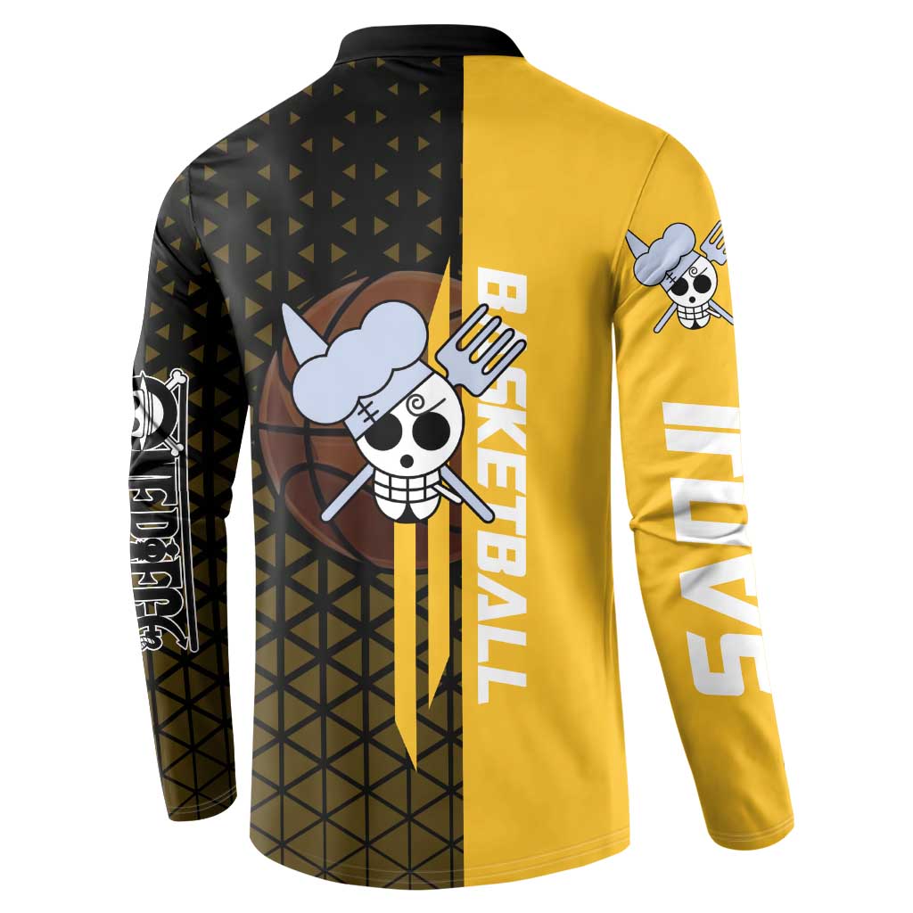 Sanji One Piece Basketball Theme Yellow and Black Design Button Sweatshirt with Pirate Chef Logo and Jump Shot Pose - The Mazicc