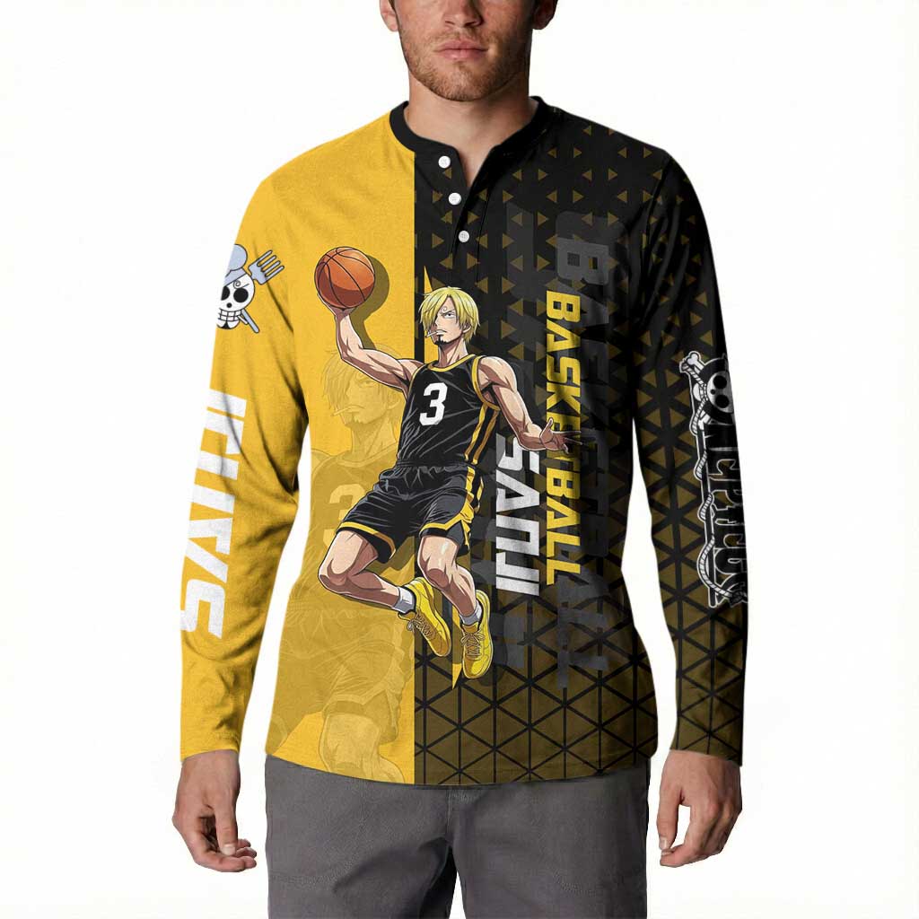 Sanji One Piece Basketball Theme Yellow and Black Design Button Sweatshirt with Pirate Chef Logo and Jump Shot Pose - The Mazicc