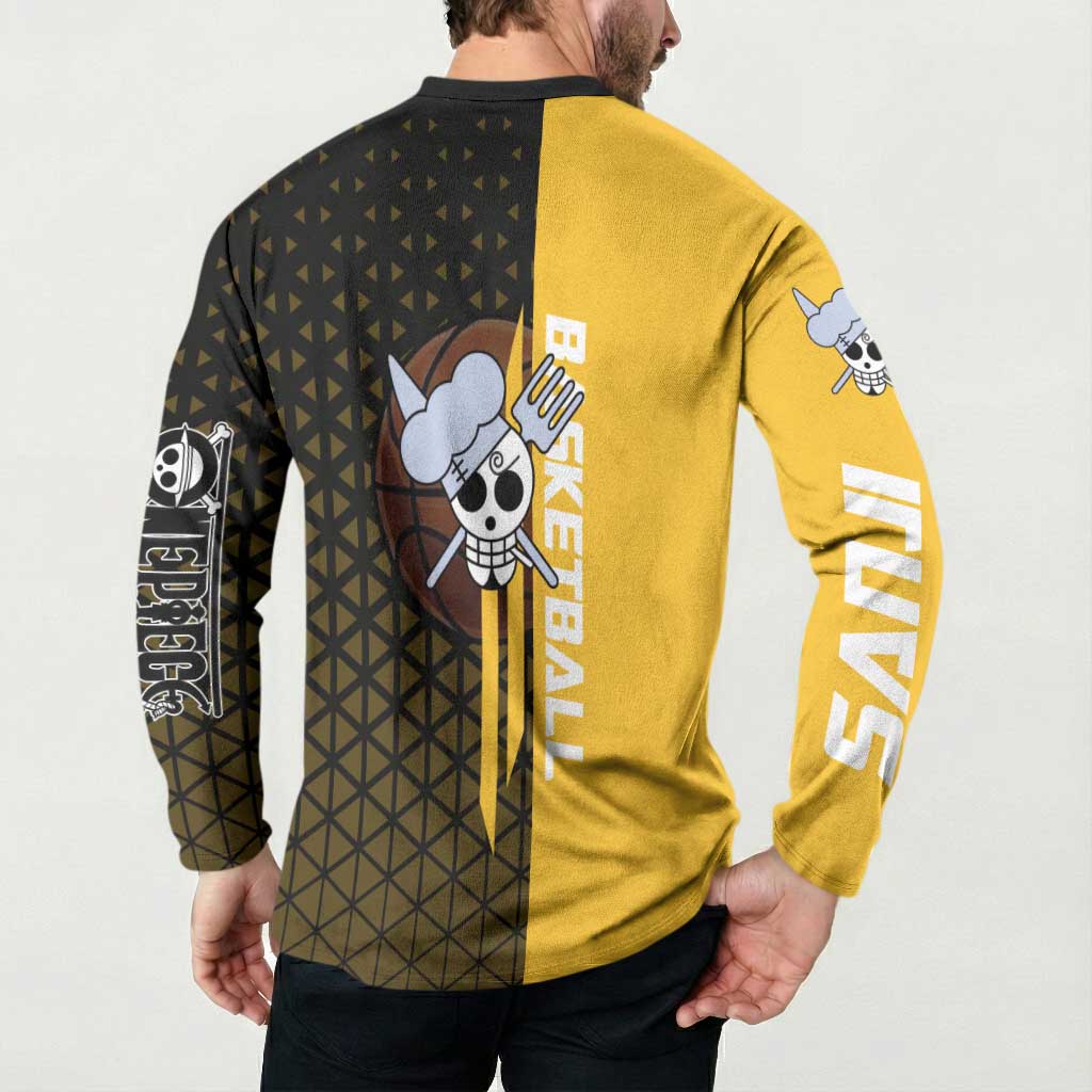 Sanji One Piece Basketball Theme Yellow and Black Design Button Sweatshirt with Pirate Chef Logo and Jump Shot Pose - The Mazicc