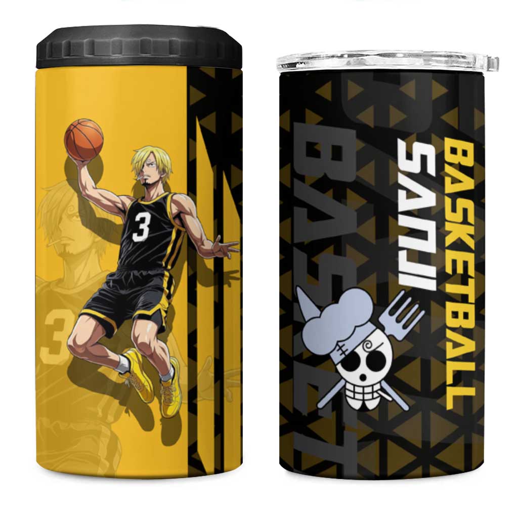 Sanji One Piece Basketball Theme Yellow and Black Design 4 in 1 Can Cooler Tumbler with Pirate Chef Logo and Jump Shot Pose - The Mazicc