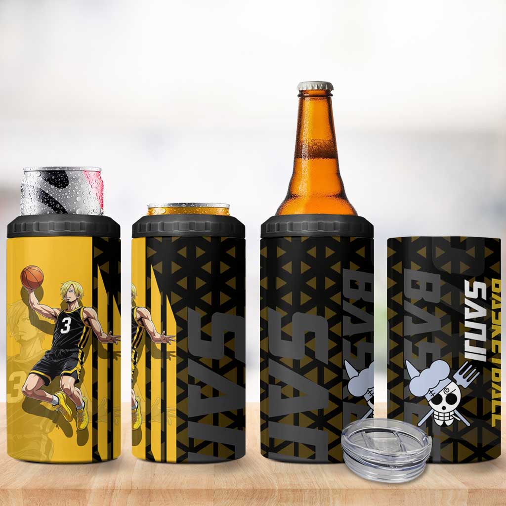 Sanji One Piece Basketball Theme Yellow and Black Design 4 in 1 Can Cooler Tumbler with Pirate Chef Logo and Jump Shot Pose - The Mazicc