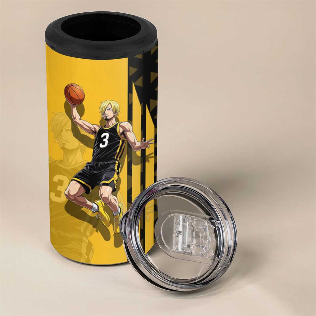 Sanji One Piece Basketball Theme Yellow and Black Design 4 in 1 Can Cooler Tumbler with Pirate Chef Logo and Jump Shot Pose - The Mazicc