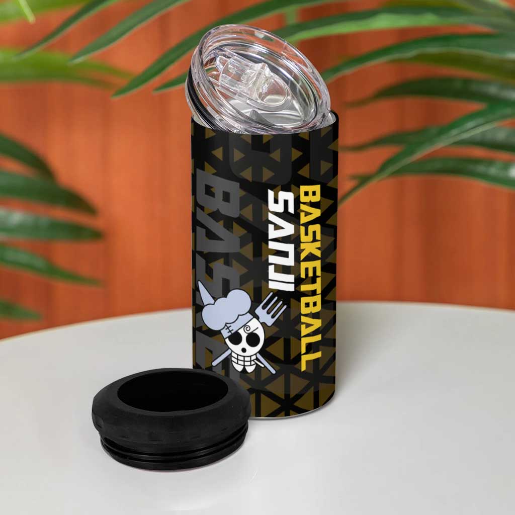 Sanji One Piece Basketball Theme Yellow and Black Design 4 in 1 Can Cooler Tumbler with Pirate Chef Logo and Jump Shot Pose - The Mazicc