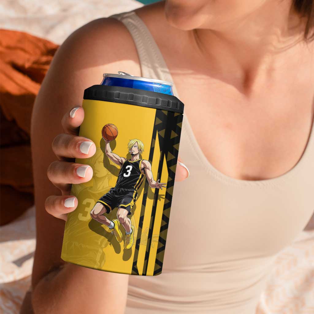 Sanji One Piece Basketball Theme Yellow and Black Design 4 in 1 Can Cooler Tumbler with Pirate Chef Logo and Jump Shot Pose - The Mazicc