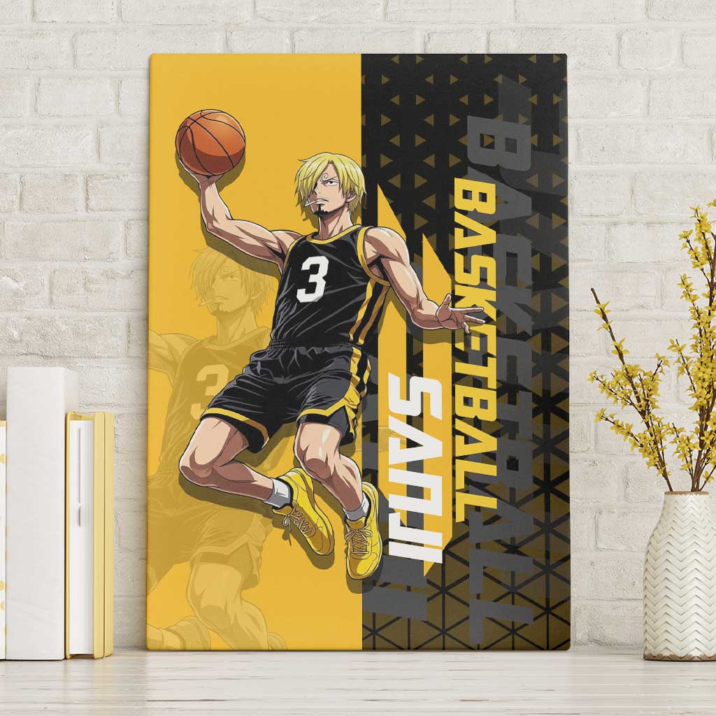 Sanji One Piece Basketball Theme Yellow and Black Design Canvas Wall Art with Pirate Chef Logo and Jump Shot Pose - The Mazicc