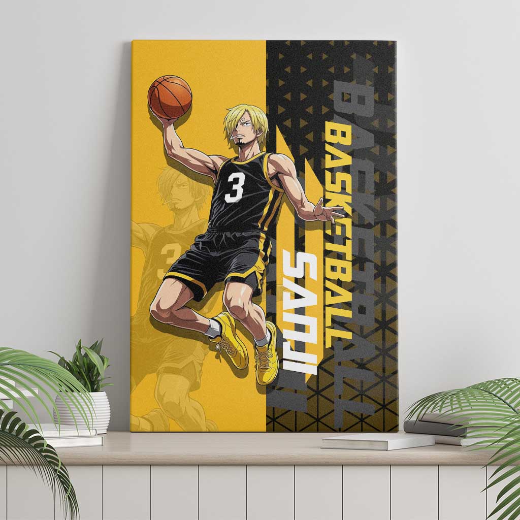 Sanji One Piece Basketball Theme Yellow and Black Design Canvas Wall Art with Pirate Chef Logo and Jump Shot Pose - The Mazicc