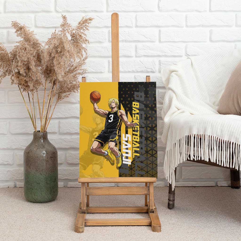 Sanji One Piece Basketball Theme Yellow and Black Design Canvas Wall Art with Pirate Chef Logo and Jump Shot Pose - The Mazicc