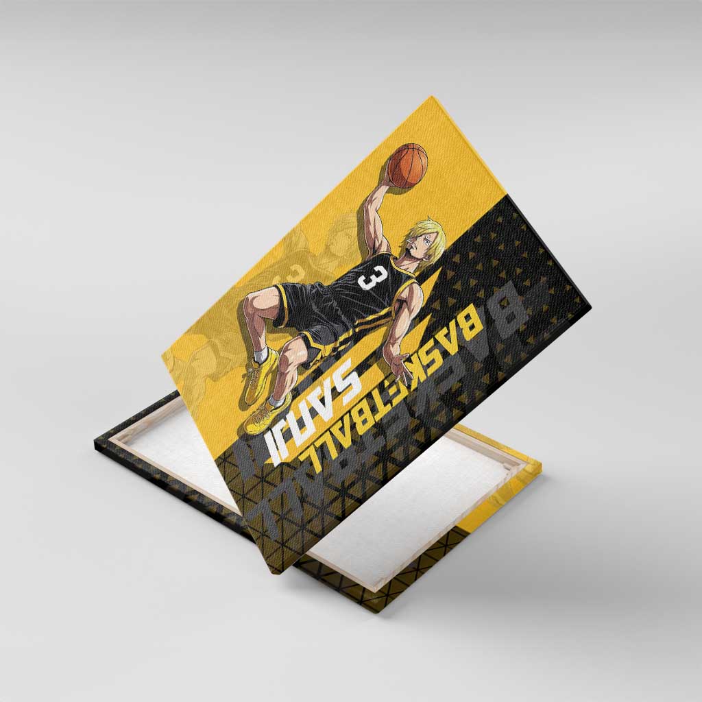 Sanji One Piece Basketball Theme Yellow and Black Design Canvas Wall Art with Pirate Chef Logo and Jump Shot Pose - The Mazicc