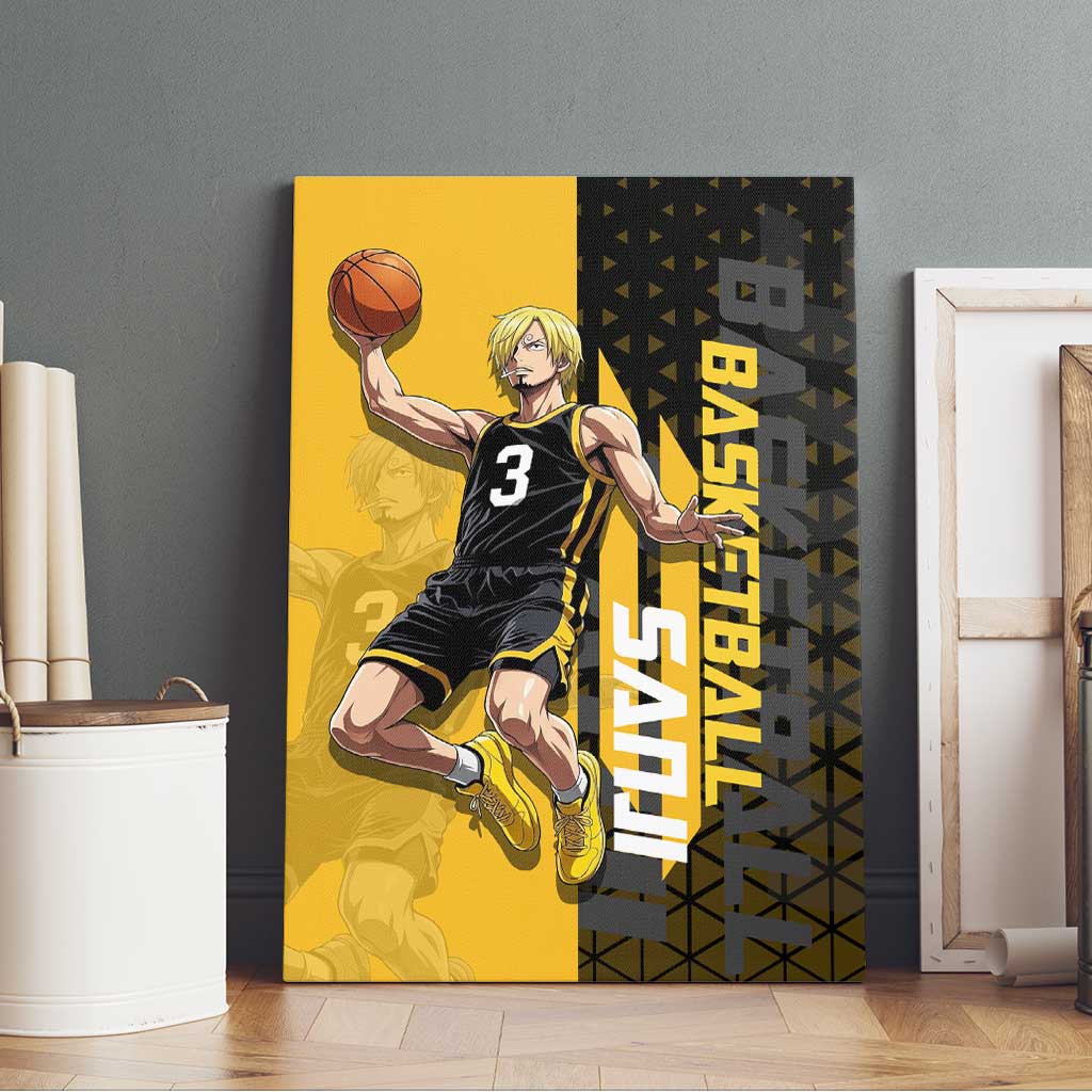 Sanji One Piece Basketball Theme Yellow and Black Design Canvas Wall Art with Pirate Chef Logo and Jump Shot Pose - The Mazicc
