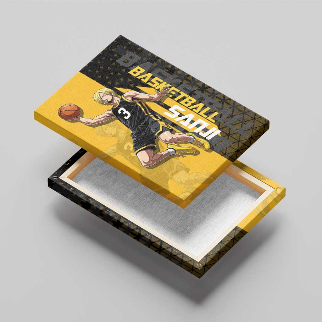 Sanji One Piece Basketball Theme Yellow and Black Design Canvas Wall Art with Pirate Chef Logo and Jump Shot Pose - The Mazicc