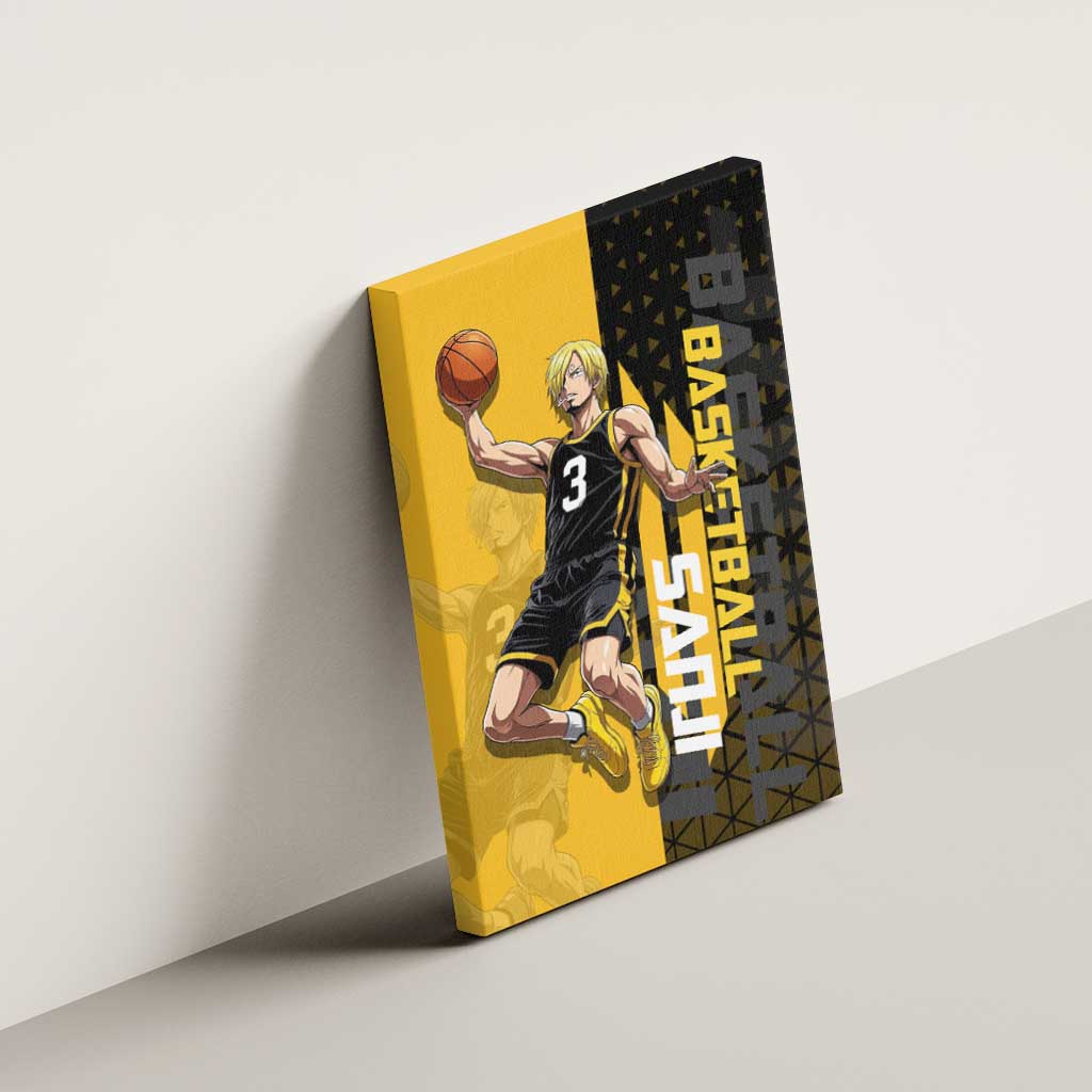 Sanji One Piece Basketball Theme Yellow and Black Design Canvas Wall Art with Pirate Chef Logo and Jump Shot Pose - The Mazicc