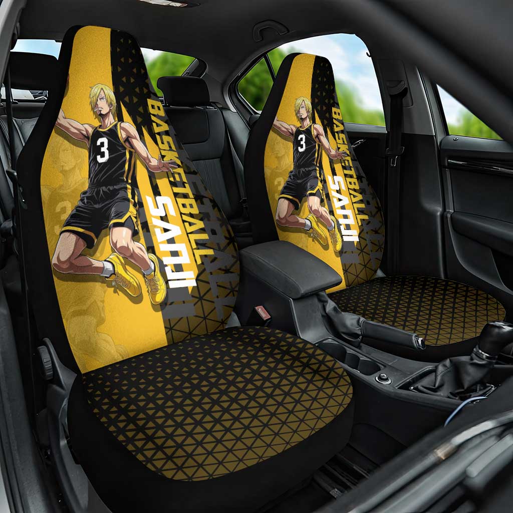 Sanji One Piece Basketball Theme Yellow and Black Design Car Seat Cover with Pirate Chef Logo and Jump Shot Pose - The Mazicc