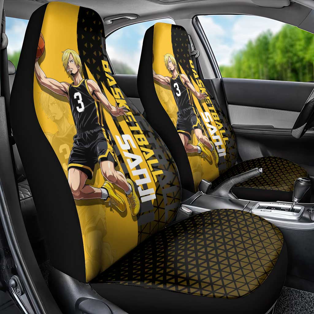 Sanji One Piece Basketball Theme Yellow and Black Design Car Seat Cover with Pirate Chef Logo and Jump Shot Pose - The Mazicc