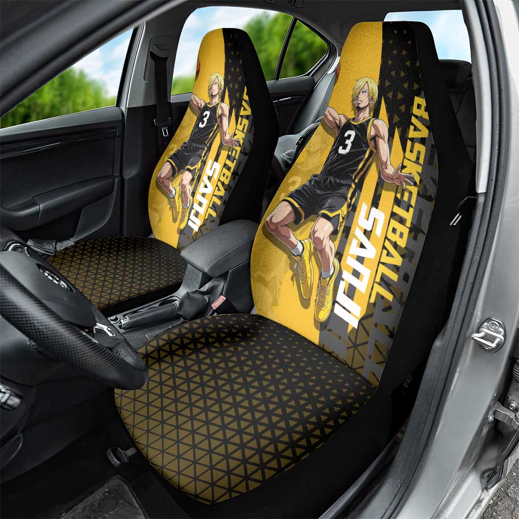 Sanji One Piece Basketball Theme Yellow and Black Design Car Seat Cover with Pirate Chef Logo and Jump Shot Pose - The Mazicc