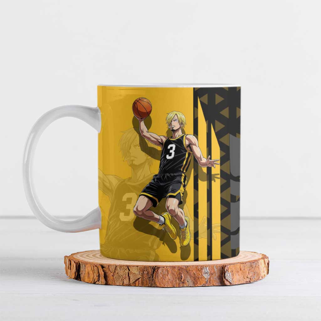 Sanji One Piece Basketball Theme Yellow and Black Design Ceramic Mug with Pirate Chef Logo and Jump Shot Pose - The Mazicc