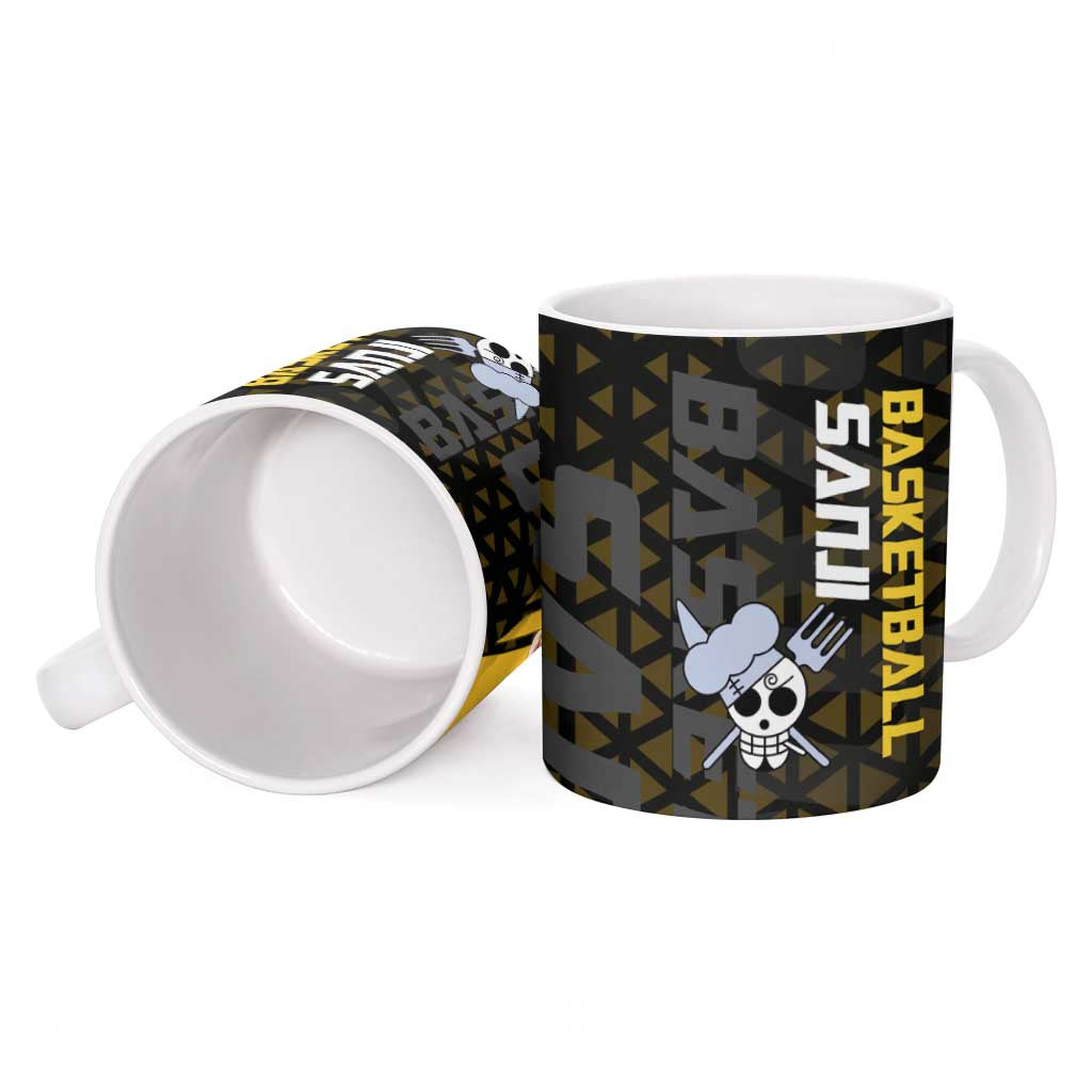 Sanji One Piece Basketball Theme Yellow and Black Design Ceramic Mug with Pirate Chef Logo and Jump Shot Pose - The Mazicc
