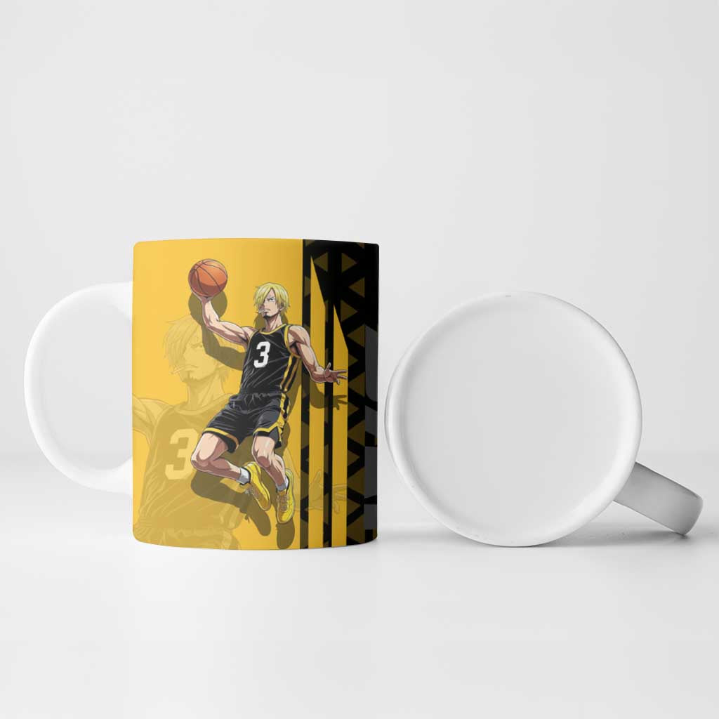 Sanji One Piece Basketball Theme Yellow and Black Design Ceramic Mug with Pirate Chef Logo and Jump Shot Pose - The Mazicc