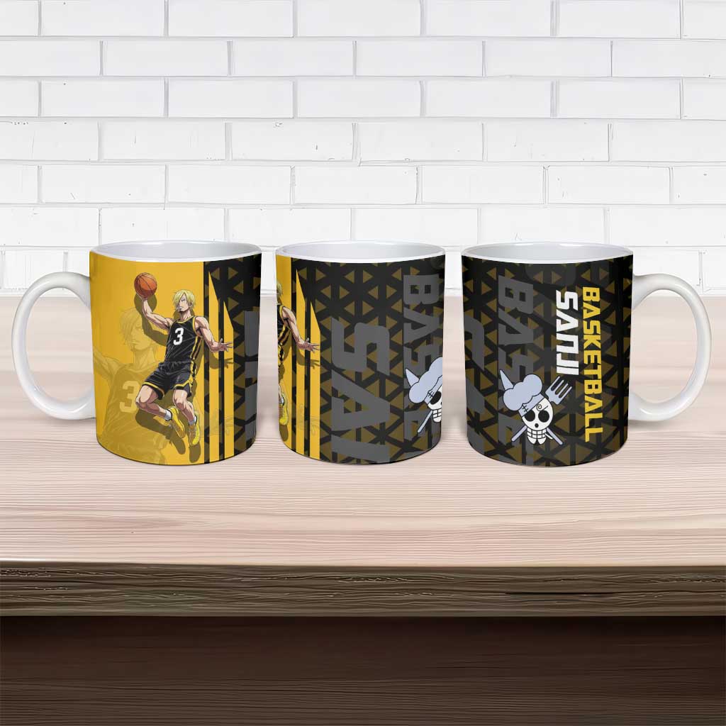 Sanji One Piece Basketball Theme Yellow and Black Design Ceramic Mug with Pirate Chef Logo and Jump Shot Pose - The Mazicc