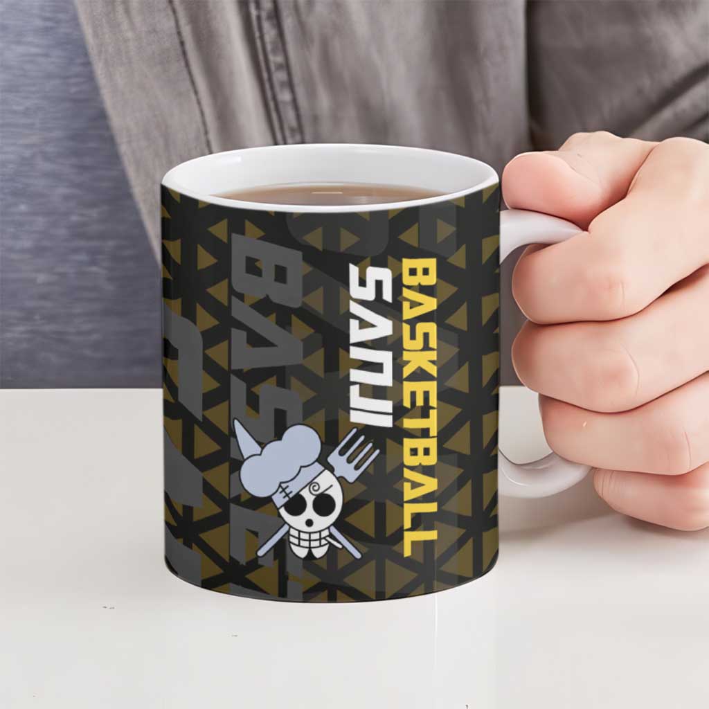 Sanji One Piece Basketball Theme Yellow and Black Design Ceramic Mug with Pirate Chef Logo and Jump Shot Pose - The Mazicc