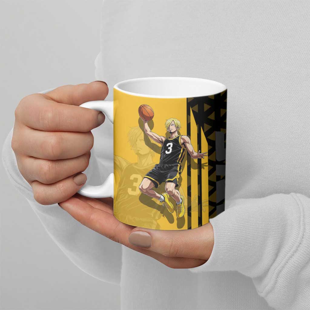 Sanji One Piece Basketball Theme Yellow and Black Design Ceramic Mug with Pirate Chef Logo and Jump Shot Pose - The Mazicc