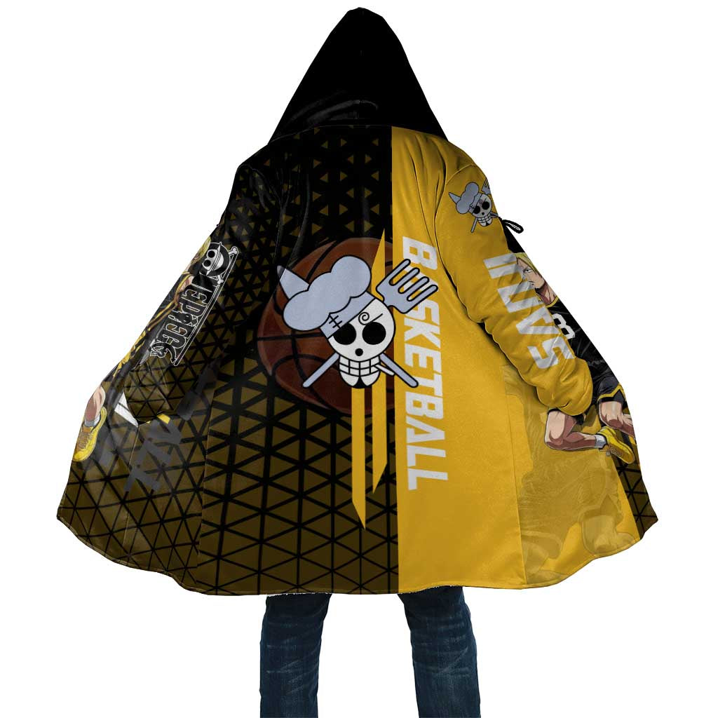 Sanji One Piece Basketball Theme Yellow and Black Design Cloak with Pirate Chef Logo and Jump Shot Pose - The Mazicc