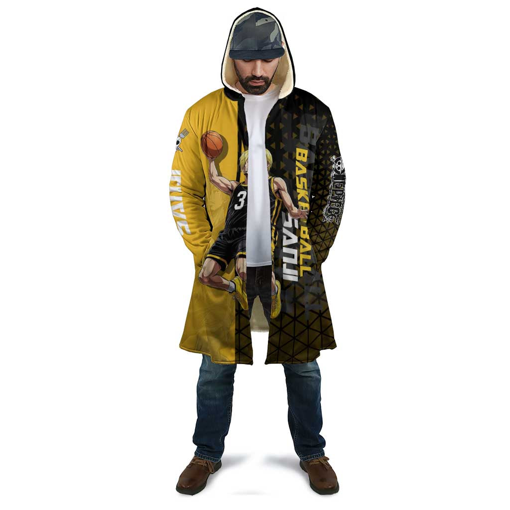 Sanji One Piece Basketball Theme Yellow and Black Design Cloak with Pirate Chef Logo and Jump Shot Pose - The Mazicc