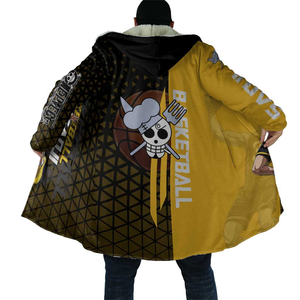 Sanji One Piece Basketball Theme Yellow and Black Design Cloak with Pirate Chef Logo and Jump Shot Pose - The Mazicc