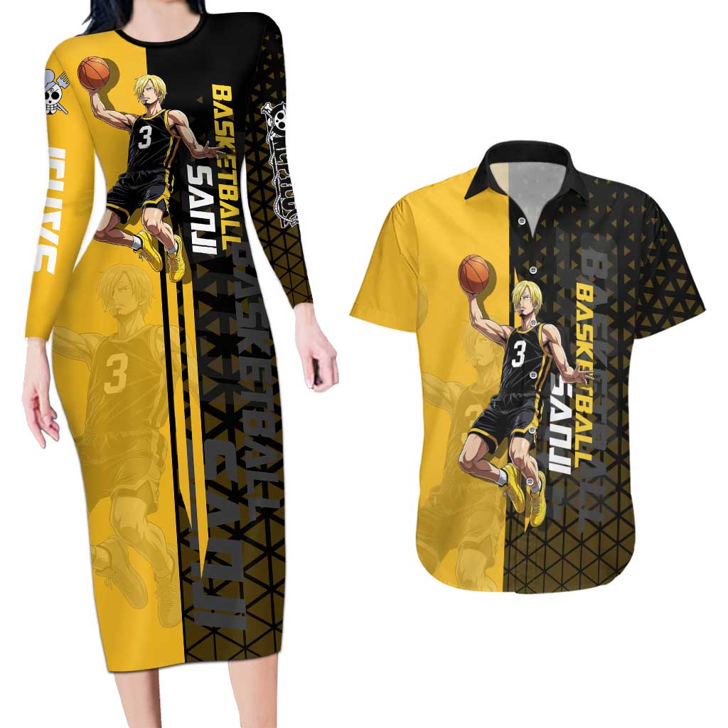 Sanji One Piece Basketball Theme Yellow and Black Design Couples Matching Long Sleeve Bodycon Dress and Hawaiian Shirt with Pirate Chef Logo and Jump Shot Pose - The Mazicc