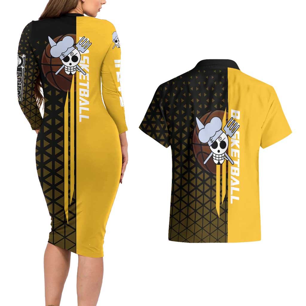 Sanji One Piece Basketball Theme Yellow and Black Design Couples Matching Long Sleeve Bodycon Dress and Hawaiian Shirt with Pirate Chef Logo and Jump Shot Pose - The Mazicc
